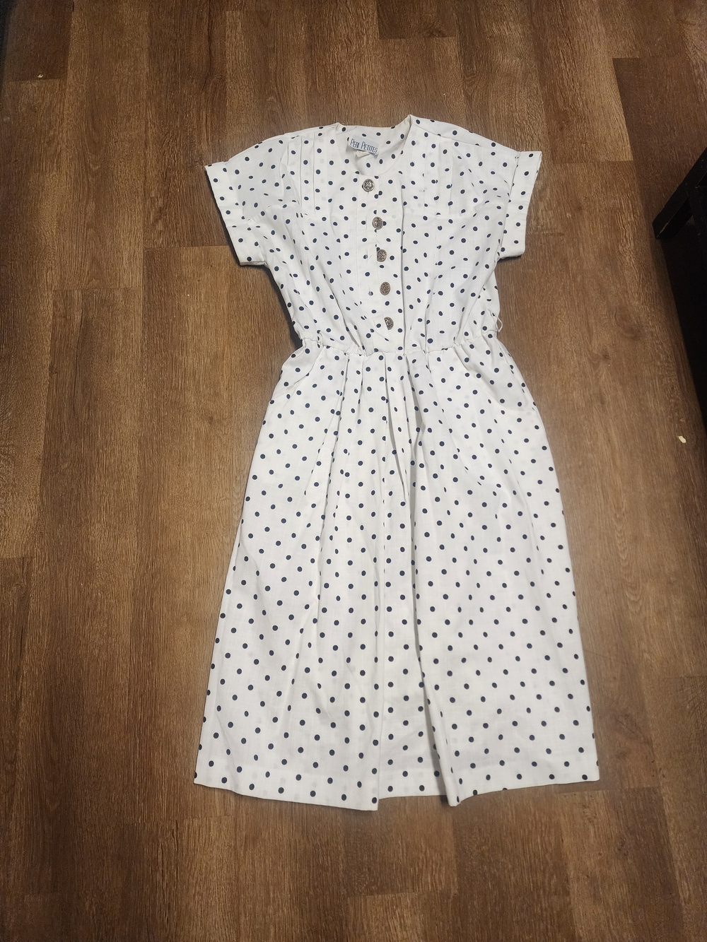 White Dress with Navy Polka Dots and Button Front